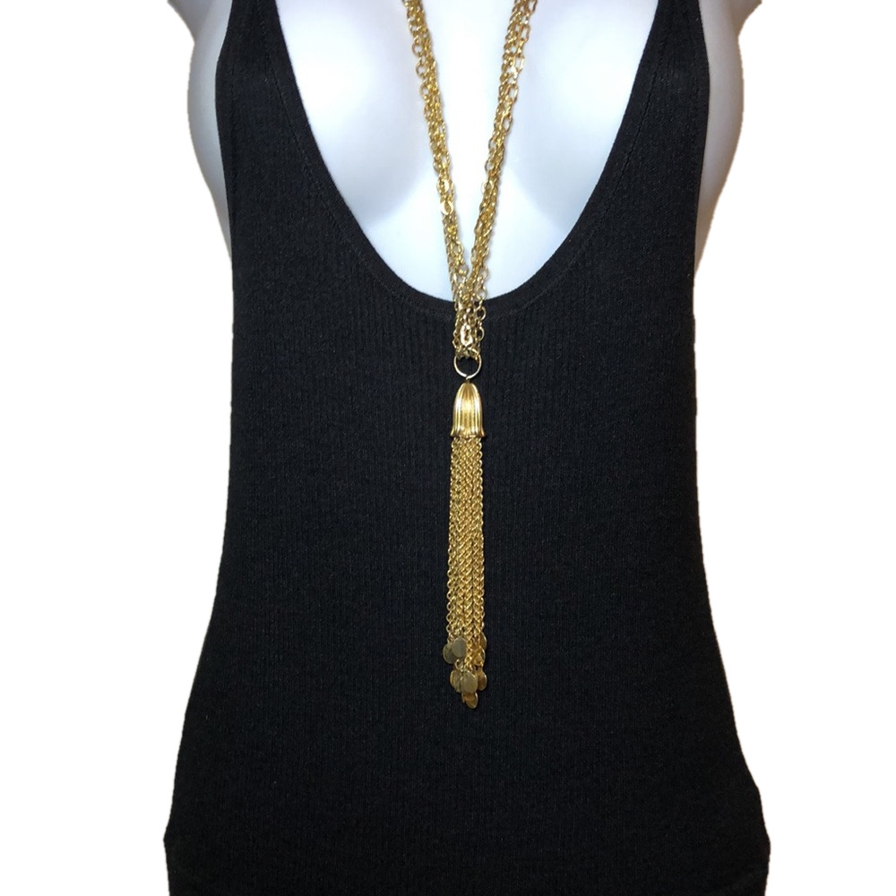 Vintage multi layered gold tone statement costume long necklace tassel fringe. - Picture 3 of 8